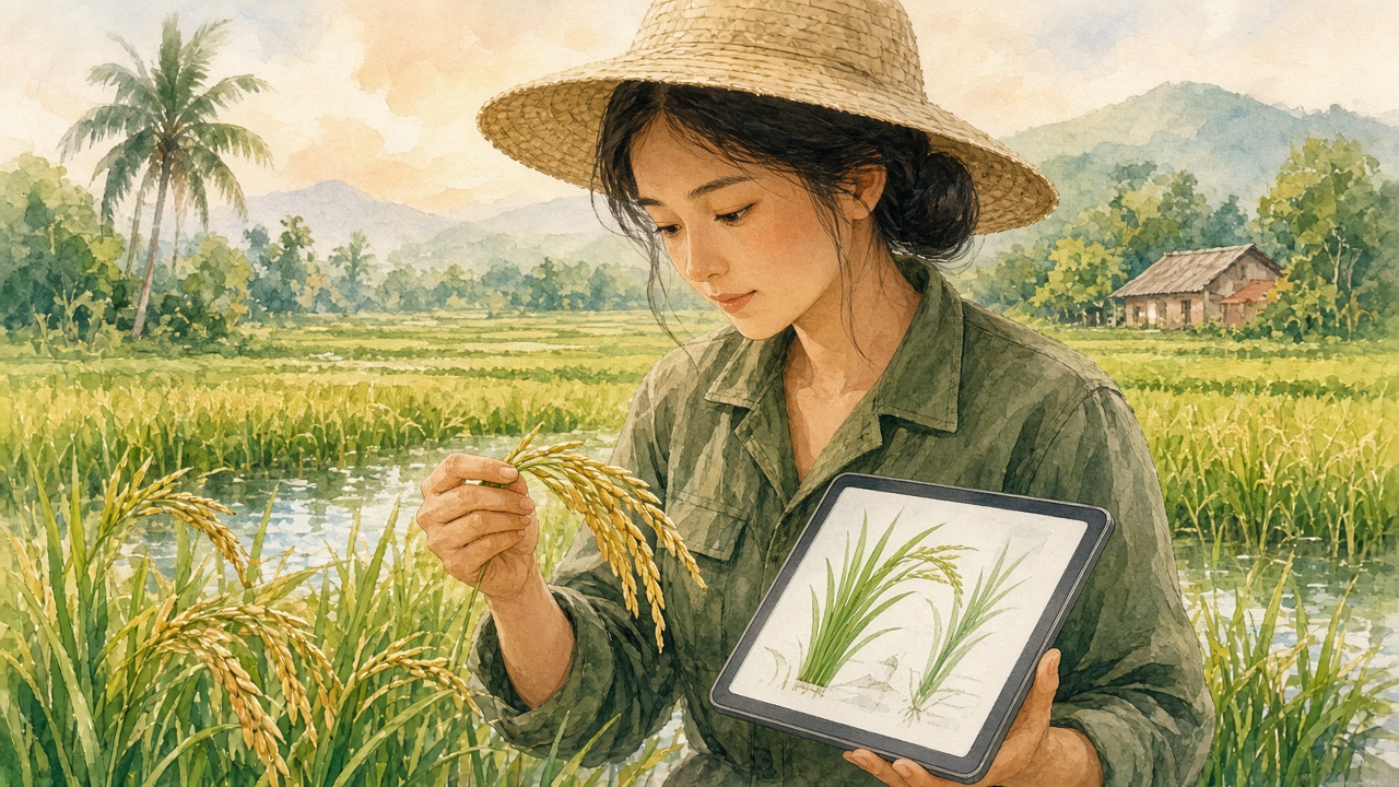 Kĩ sư nông nghiệp kiểm tra gợi ý máy trên đồng.
