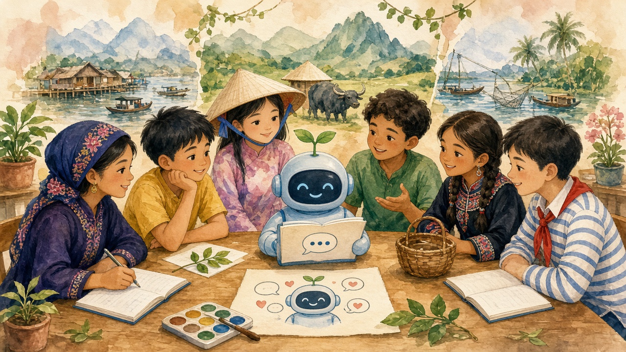Học sinh nhiều vùng góp dữ liệu ngôn ngữ cho chatbot trường.