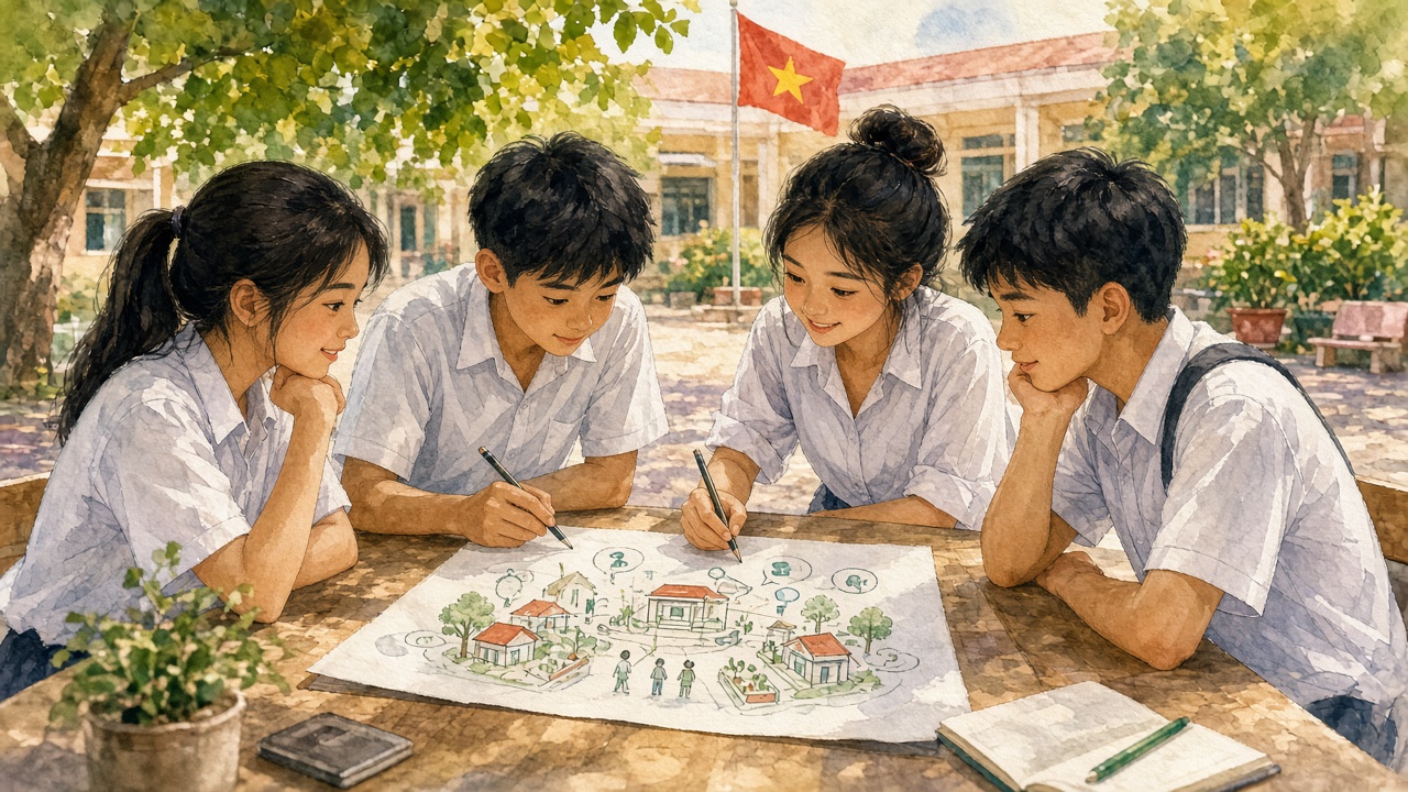 Nhóm học sinh chọn vấn đề cộng đồng và phác ý tưởng sản phẩm.
